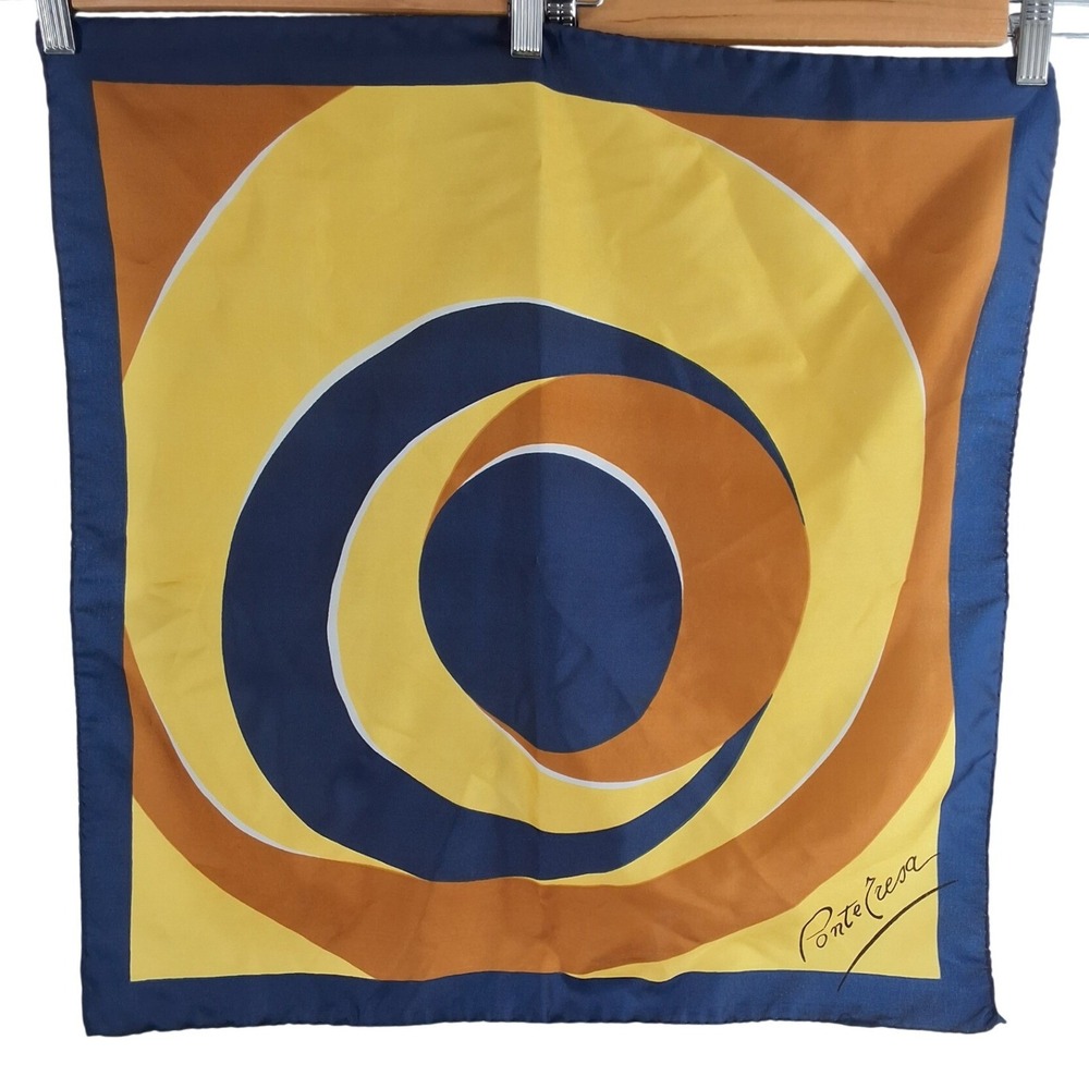 Ponte Tresa Silk Scarf Navy Blue Yellow Geometric Circle MCM Retro Square 22.5"